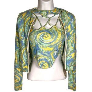 House of Sunny Peggy Cardigan and Cypress Vest Set Y2K Green Cucumber Swirl sz 2